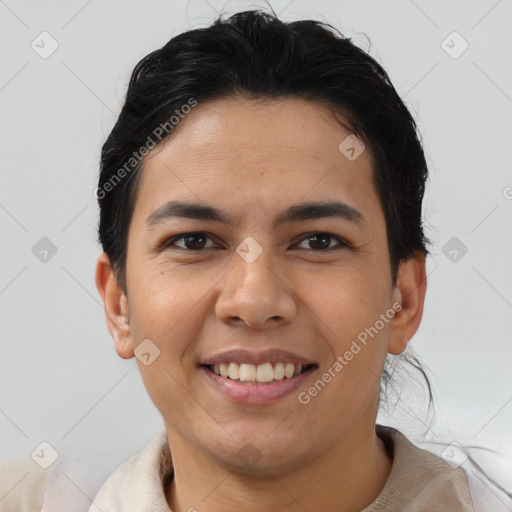 Joyful asian young-adult male with short  brown hair and brown eyes