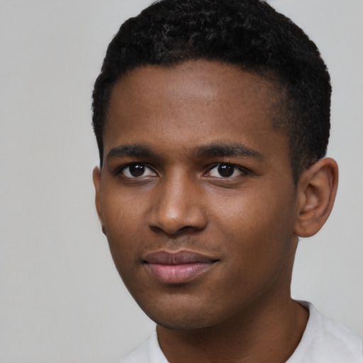 Joyful latino young-adult male with short  brown hair and brown eyes