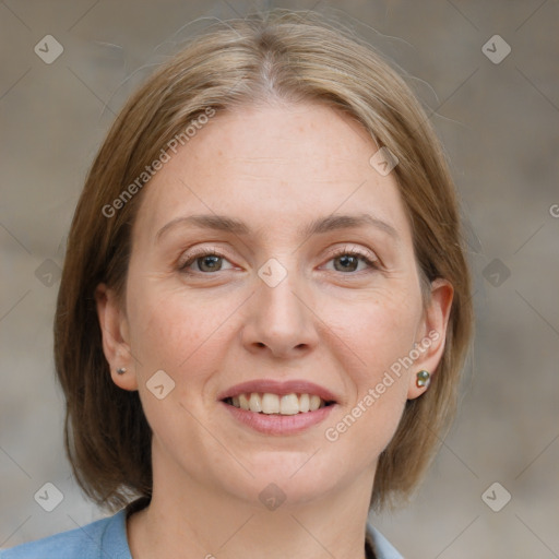 Joyful white young-adult female with medium  brown hair and blue eyes