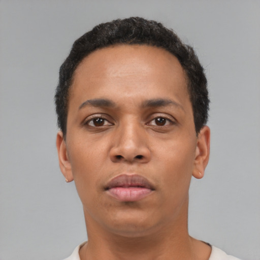 Neutral black young-adult male with short  black hair and brown eyes