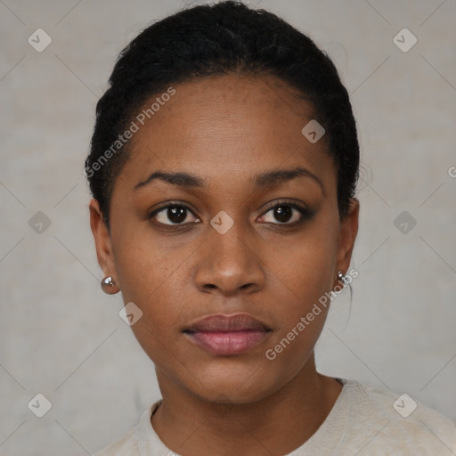 Neutral black young-adult female with short  black hair and brown eyes