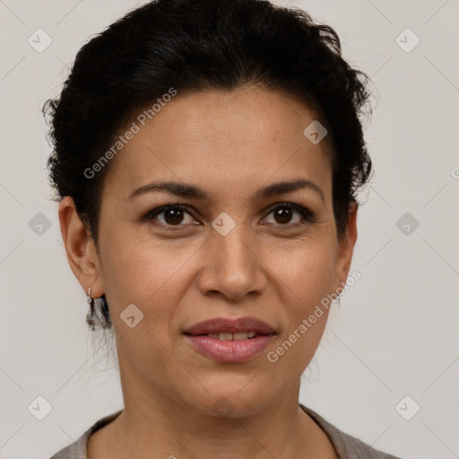 Joyful white adult female with short  brown hair and brown eyes