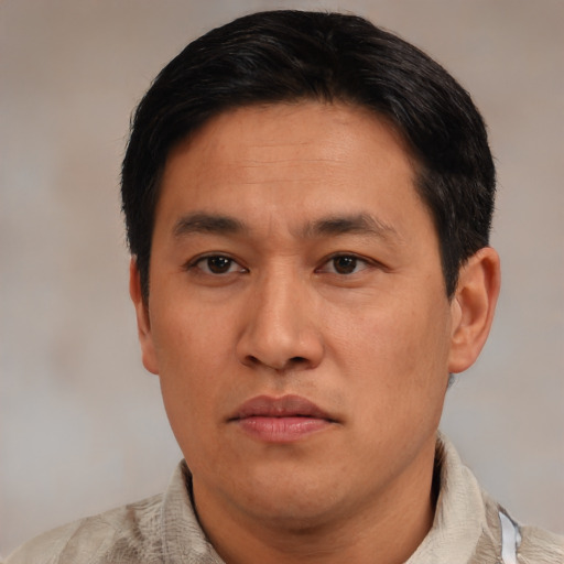 Neutral asian adult male with short  black hair and brown eyes