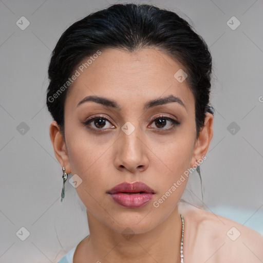 Neutral white young-adult female with medium  brown hair and brown eyes