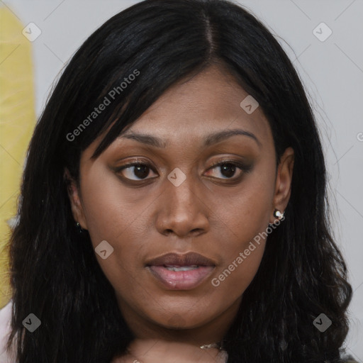 Joyful asian young-adult female with long  brown hair and brown eyes