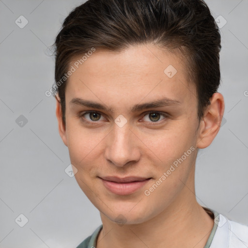 Joyful white young-adult female with short  brown hair and brown eyes