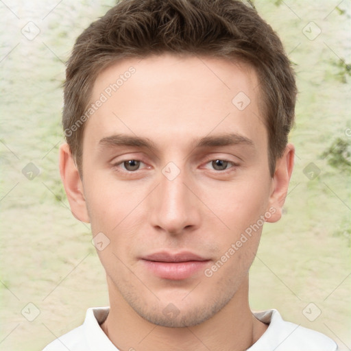 Neutral white young-adult male with short  brown hair and brown eyes