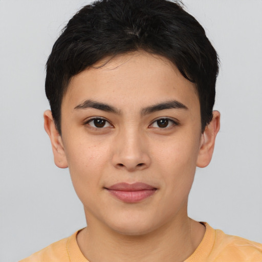 Joyful asian young-adult female with short  brown hair and brown eyes
