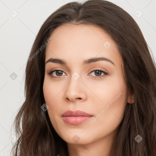 Neutral white young-adult female with long  brown hair and brown eyes