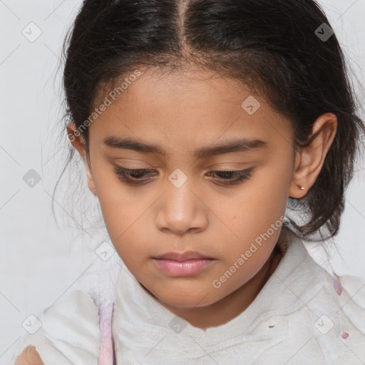 Joyful white child female with medium  brown hair and brown eyes