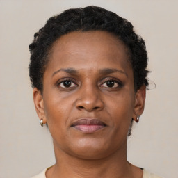 Neutral black young-adult female with short  black hair and brown eyes