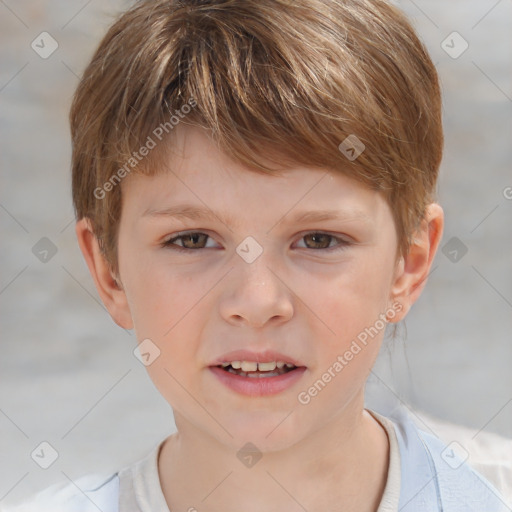 Joyful white child male with short  brown hair and brown eyes