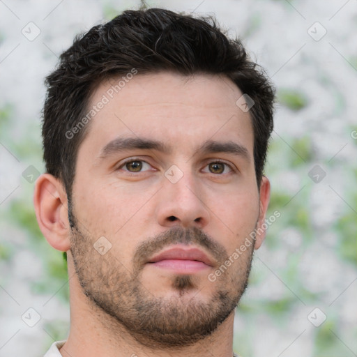 Neutral white young-adult male with short  brown hair and brown eyes