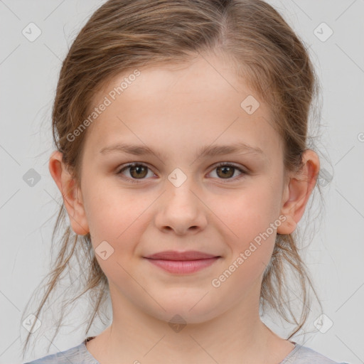 Joyful white child female with medium  brown hair and brown eyes