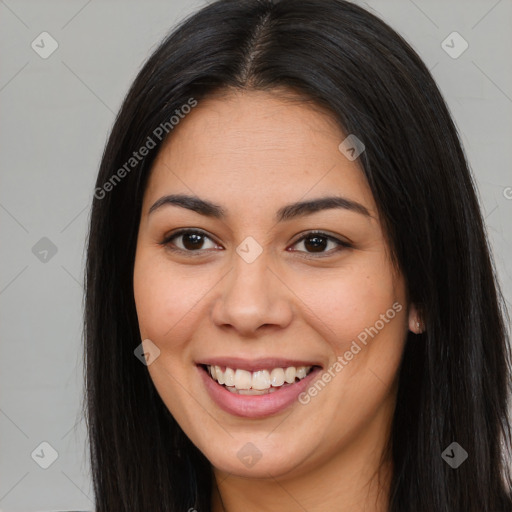 Joyful latino young-adult female with long  brown hair and brown eyes