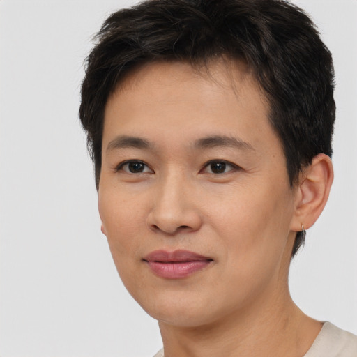Joyful asian young-adult female with short  brown hair and brown eyes