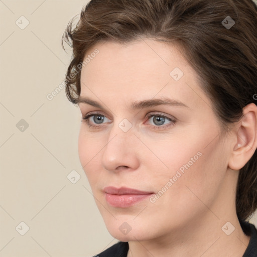 Neutral white young-adult female with medium  brown hair and grey eyes