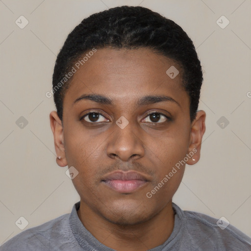 Neutral black young-adult male with short  black hair and brown eyes