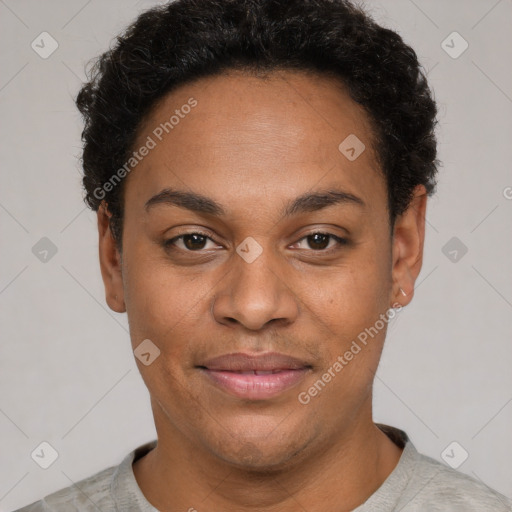 Joyful latino young-adult female with short  black hair and brown eyes