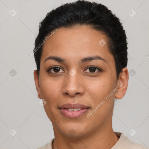 Joyful latino young-adult female with short  black hair and brown eyes