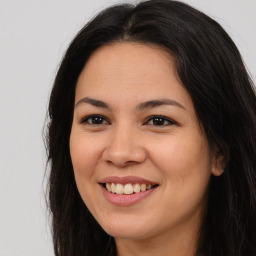 Joyful asian young-adult female with long  brown hair and brown eyes