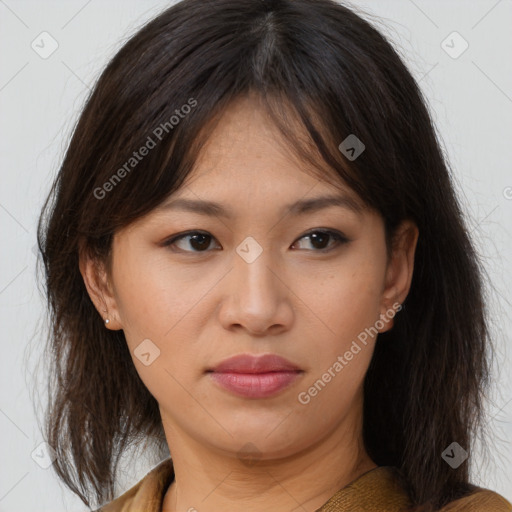 Neutral asian young-adult female with medium  brown hair and brown eyes