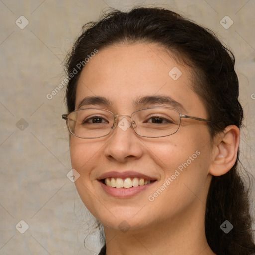 Joyful white adult female with medium  brown hair and brown eyes