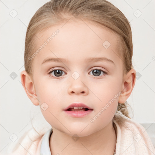 Neutral white child female with medium  brown hair and blue eyes