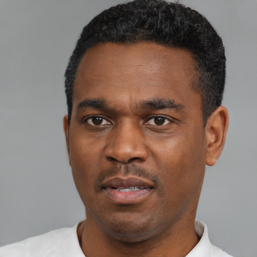 Neutral black young-adult male with short  black hair and brown eyes