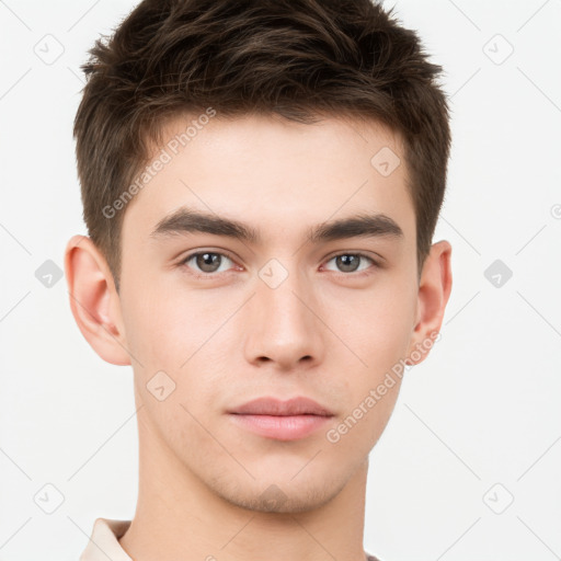 Neutral white young-adult male with short  brown hair and brown eyes