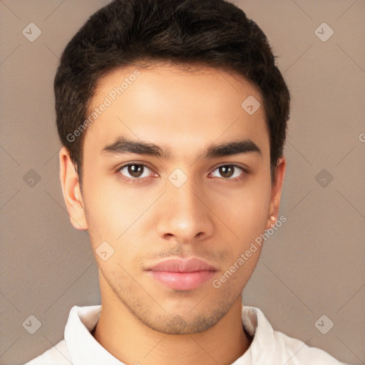 Neutral white young-adult male with short  brown hair and brown eyes