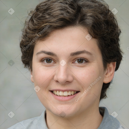 Joyful white young-adult female with medium  brown hair and green eyes