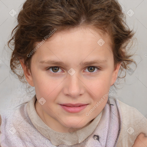 Joyful white child female with medium  brown hair and blue eyes