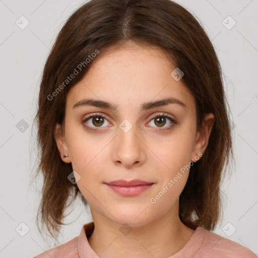 Neutral white young-adult female with medium  brown hair and brown eyes