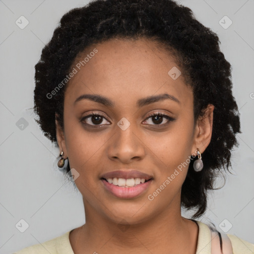 Joyful latino young-adult female with long  black hair and brown eyes