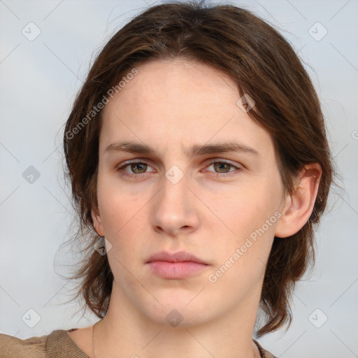 Neutral white young-adult female with medium  brown hair and grey eyes