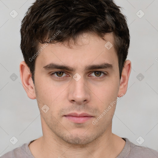 Neutral white young-adult male with short  brown hair and brown eyes