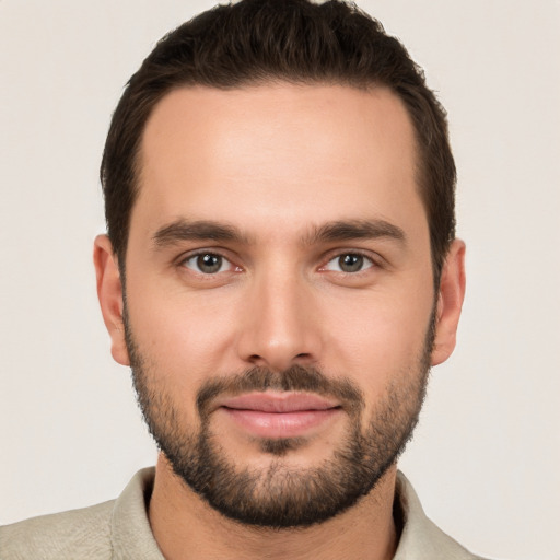 Neutral white young-adult male with short  brown hair and brown eyes