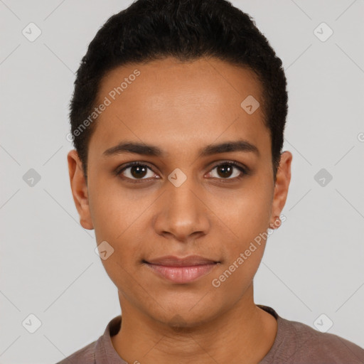 Joyful latino young-adult female with short  black hair and brown eyes