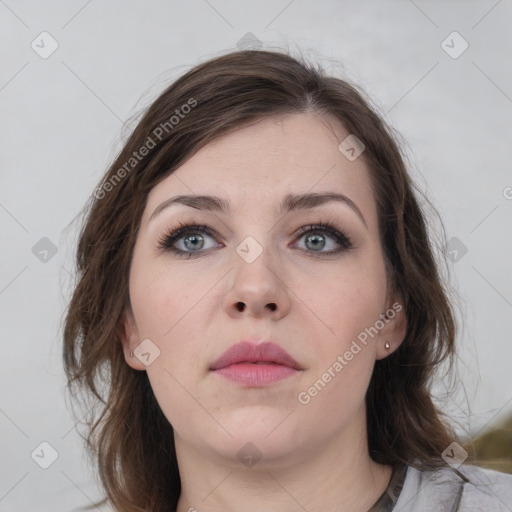 Neutral white young-adult female with medium  brown hair and grey eyes