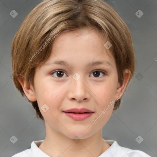 Joyful white child female with medium  brown hair and brown eyes