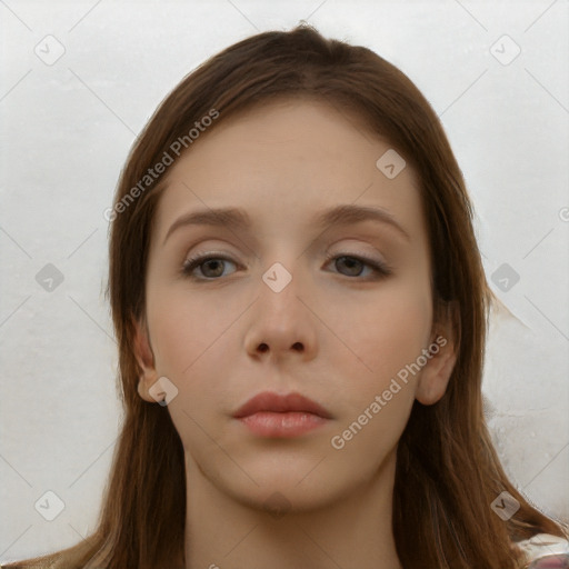 Neutral white young-adult female with long  brown hair and grey eyes