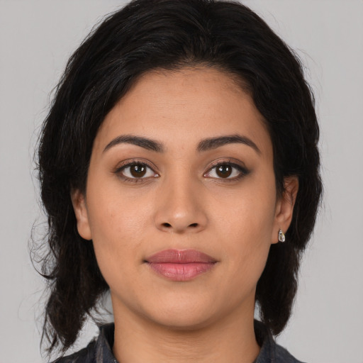 Neutral asian young-adult female with medium  brown hair and brown eyes