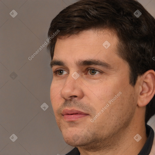 Neutral white young-adult male with short  brown hair and brown eyes