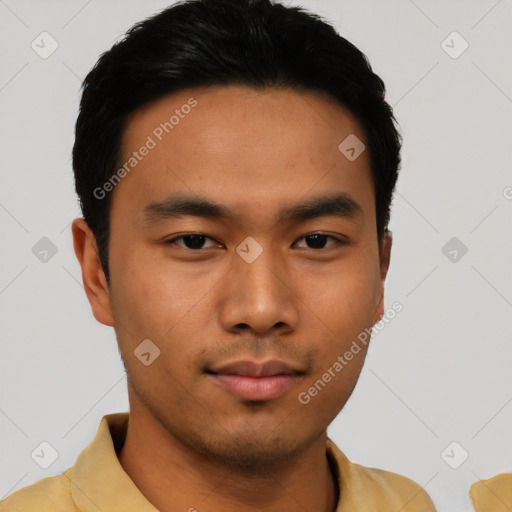 Neutral asian young-adult male with short  black hair and brown eyes