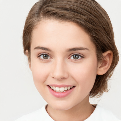 Joyful white young-adult female with medium  brown hair and green eyes