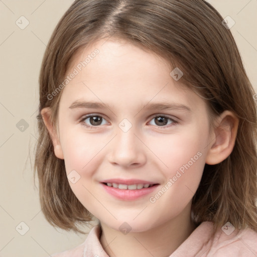 Joyful white child female with medium  brown hair and brown eyes