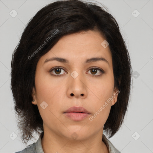 Neutral asian young-adult female with medium  brown hair and brown eyes