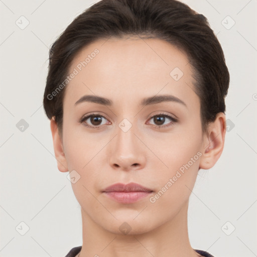 Neutral white young-adult female with short  brown hair and brown eyes