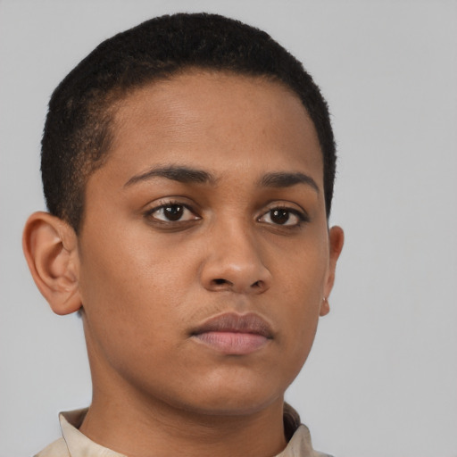 Neutral black young-adult female with short  brown hair and brown eyes